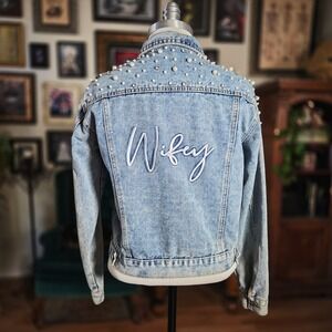 DB Studio Womens Denim Jacket Wifey Pearl Rhinestone Embellished Blue Size S